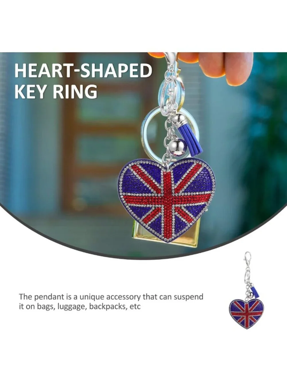 Heart-Shaped Union Jack Rhinestone Keychain Set of 2 | British Flag Bag Charm